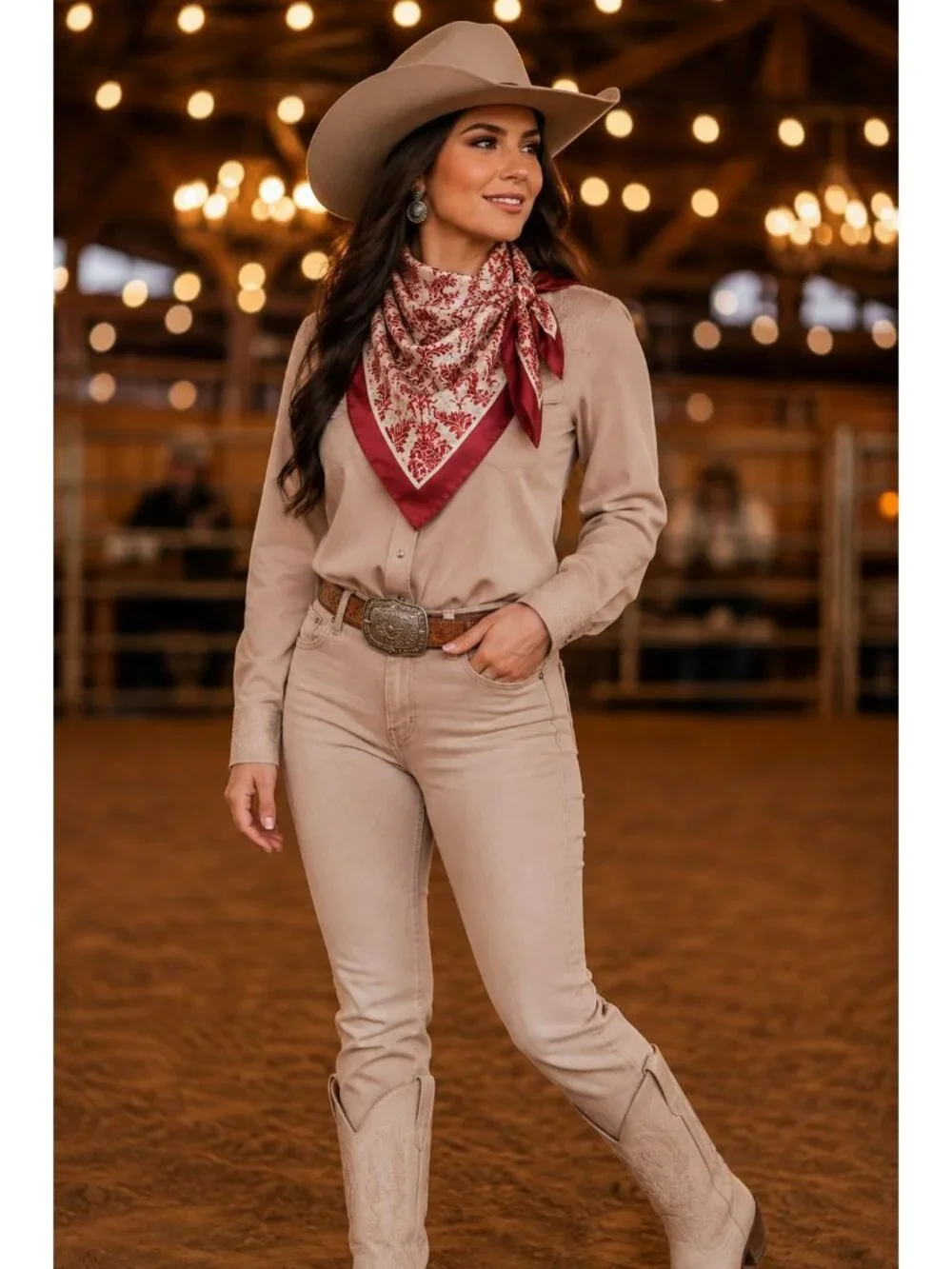 Burgundy Cream Damask Wild Rag Scarf 35x35 Satin Polyester Western